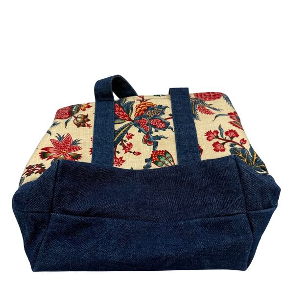 Handmade Denim & Floral Canvas Tote Bag with Pockets 13x14x6 - Picture 8 of 13